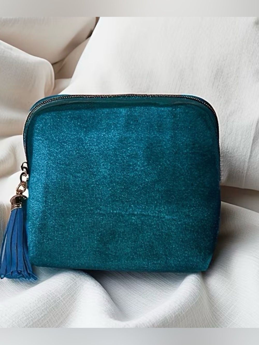 Velvet Teal Tassel Cosmetic Pouch